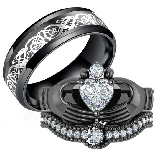 Couple Rings - Men's Dragon Ring and Women's Black Ring