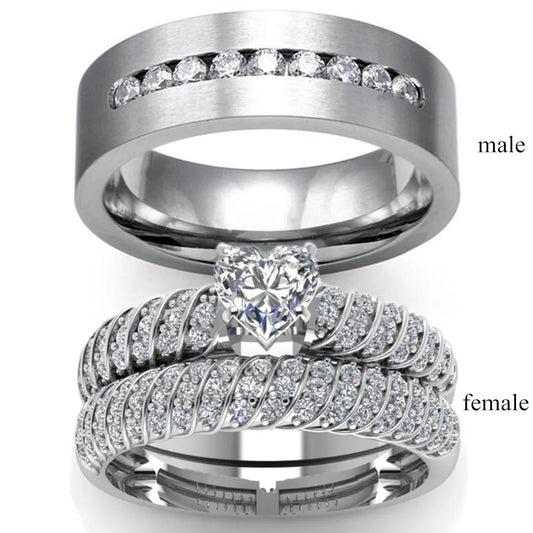Couple Rings - Men's Fashion Single Row Rings and Women's  White Heart Ring