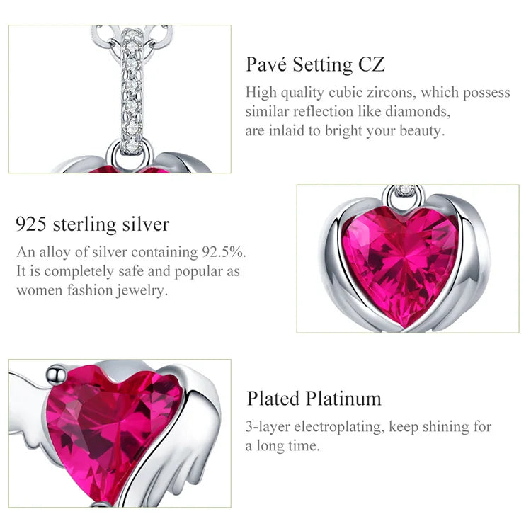 925 Sterling Silver  4 PCs Guardian Wings Heart Pendant Necklace Stud Earrings Jewelry Set