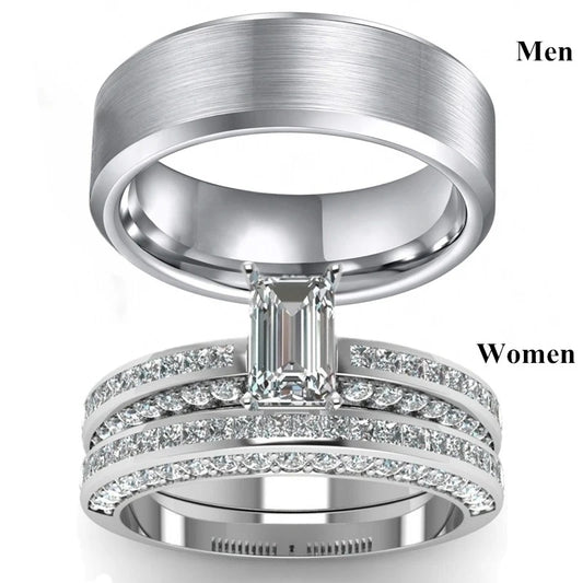 Couple Rings - Simple Geometric Zirconia Women's Ring Charm Stainless Steel Men's Ring