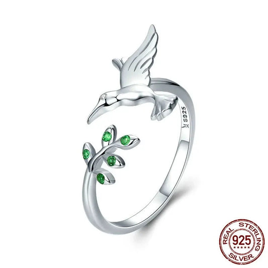 925 Sterling Silver Spring Tree Leaves & Bird Open Ring