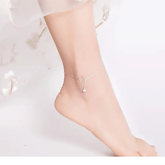 925 Sterling Silver Simple Bell And Cat  Anklets