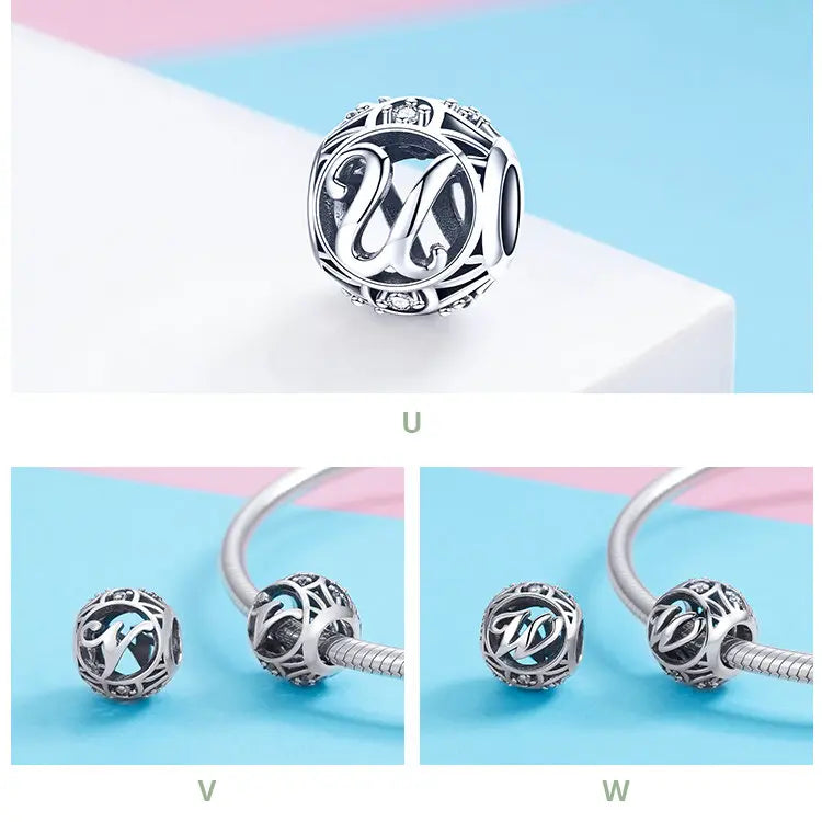1 PC Letter Charm 925 Sterling Silver Vintage A to Z CZ Alphabet Letter Beads Fit Charm