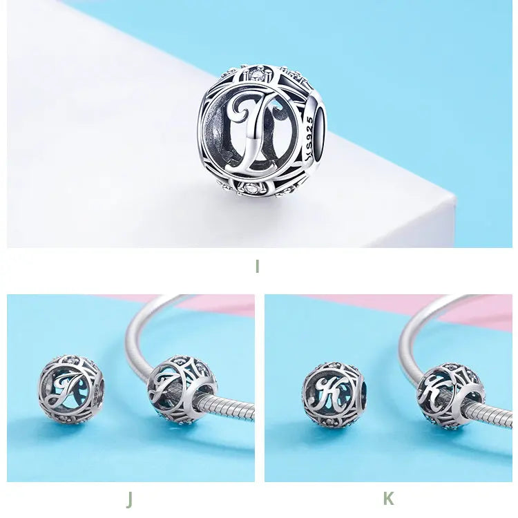1 PC Letter Charm 925 Sterling Silver Vintage A to Z CZ Alphabet Letter Beads Fit Charm