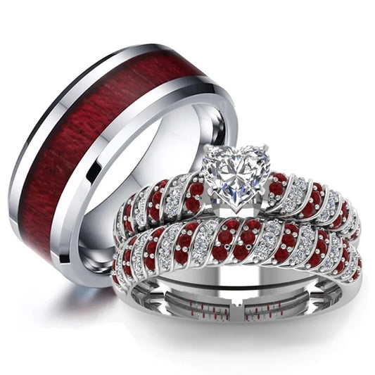 Couple Rings - Fashion Men's Red Wood Stainless Steel Ring Women's Zircon Heart Ring