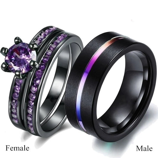 Couple Rings Trendy Rainbow Tungsten Carbide Men's Ring Cute Women Purple Zirconia Rings