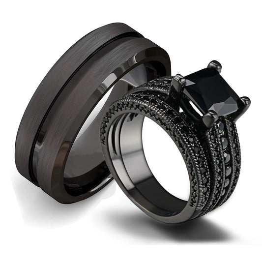Couple Rings Romantic Women Black Rhinestones Zirconia Rings Set Simple Men Stainless Steel Ring