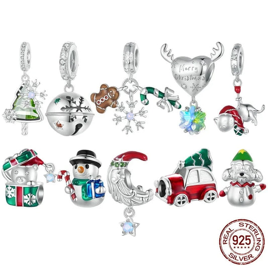 925 Sterling Silver Snowman Beads Christmas Bell Charms