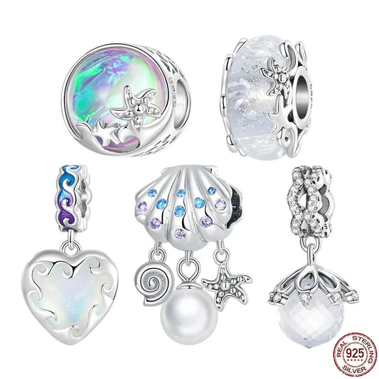 925 Sterling Silver Waves Glaze Spacer Beads Crystal Ball Pendant fit for Silver Charms