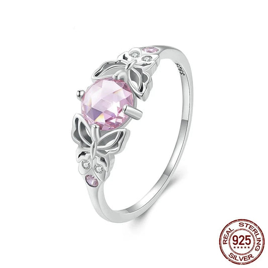 925 Sterling Silver Pink Stone Hollow-out Butterfly Finger Ring