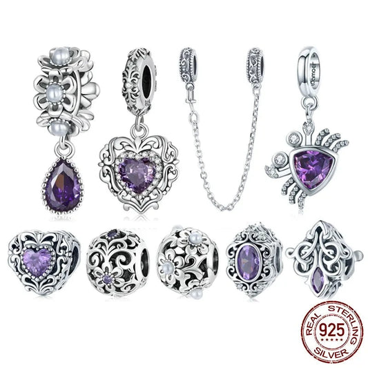 925 Sterling Silver Purple Shining Stone Collection Charms