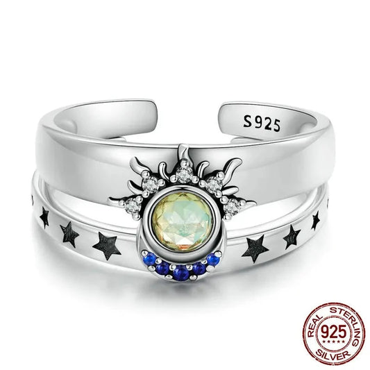 925 Sterling Silver Sun and Moon Stackable Opening Ring