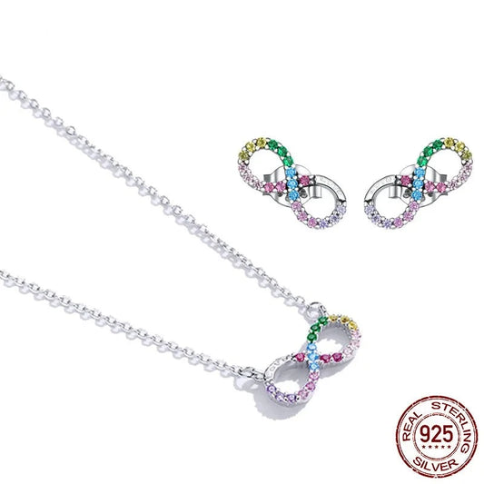 925 Sterling Silver Rainbow Color Colorful Infinite Love Necklace and Rainbow Stud Earrings Jewelry Set