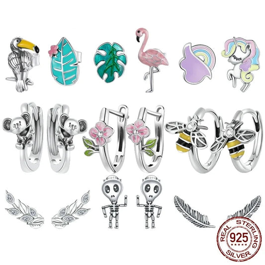 925 Sterling Silver  Bee Ear Buckles Flamingo Asymmetrical Earrings
