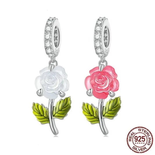 925 Sterling Silver Rose Hanging Bead Color Changeable Flower Pendant Charms