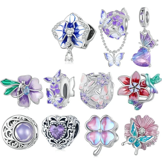 925 Sterling Silver Purple Enamel Flower Beads Clear Zircon Charms