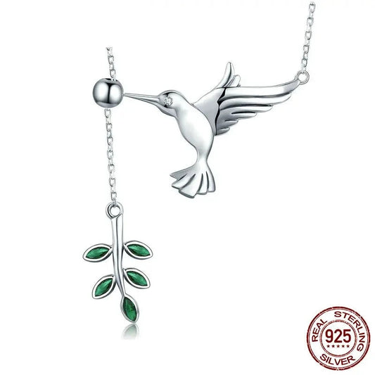 925 Sterling Silver Spring Bird & Tree Leaf Leaves Dangle Pendant Necklace
