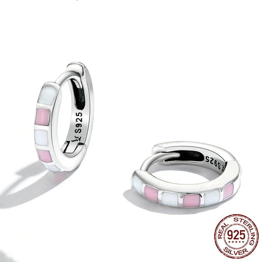 925 Sterling Silver Simple Check Fashion Ear Buckles for Women Light Pink & White Color Hoop Earrings
