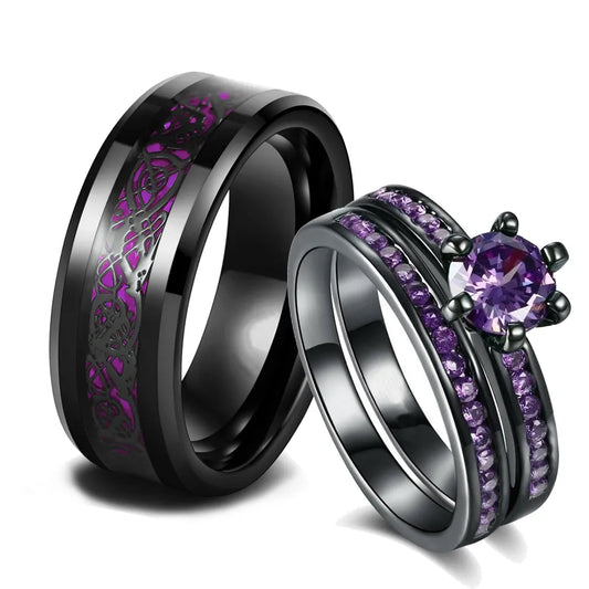Couple Rings Charm Romantic Purple Rhinestones Women Rings Set Trendy Men's Stainless Steel Celtic Dragon Ring