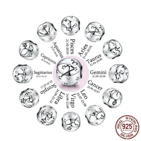 925 Sterling Silver Twelve Constellations Star Sign Zodiac Beads Charms